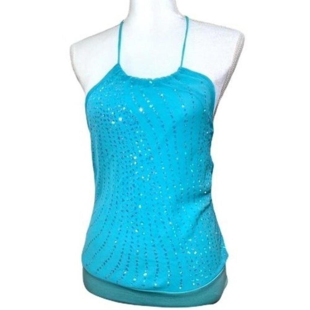 Y2K Vixen Halter Sheer Sequined Baby Blue Top Size‎ Medium Pop Festival Flirty